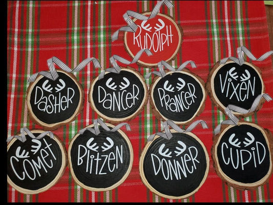 Nine Round Wood Reindeer Ornaments